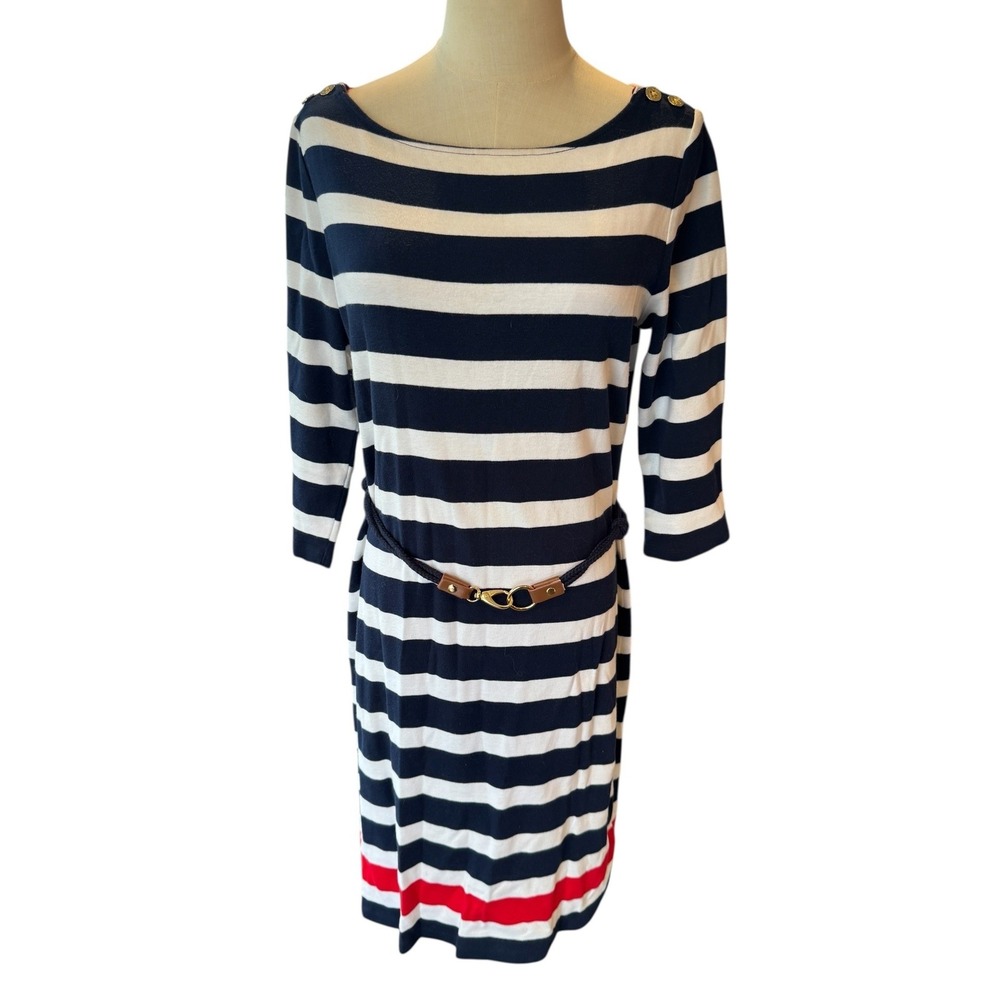 Lauren Ralph Lauren Navy White Striped Cotton Boat Neck Dress Large Belted L
